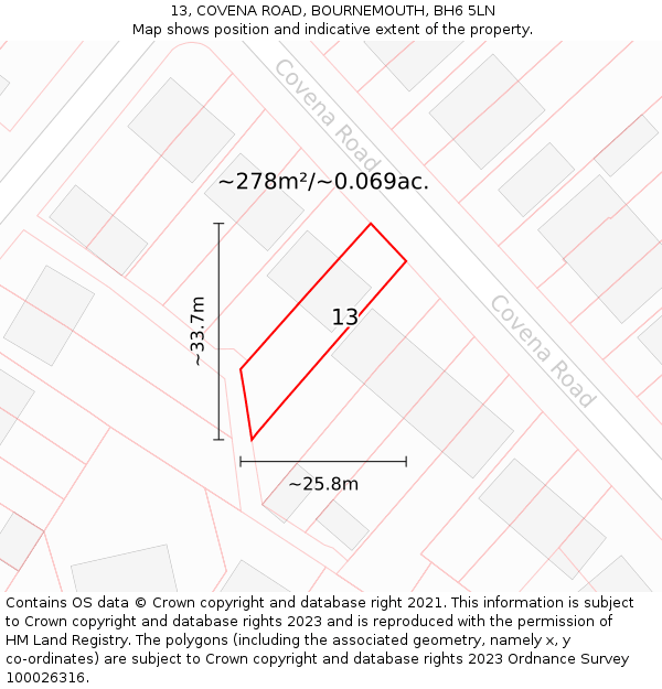 13, COVENA ROAD, BOURNEMOUTH, BH6 5LN: Plot and title map