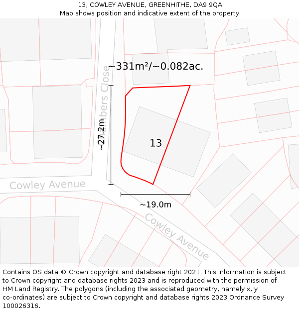 13, COWLEY AVENUE, GREENHITHE, DA9 9QA: Plot and title map