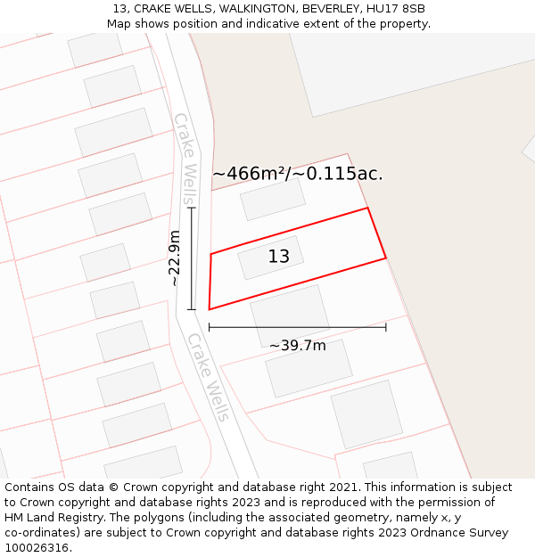 13, CRAKE WELLS, WALKINGTON, BEVERLEY, HU17 8SB: Plot and title map