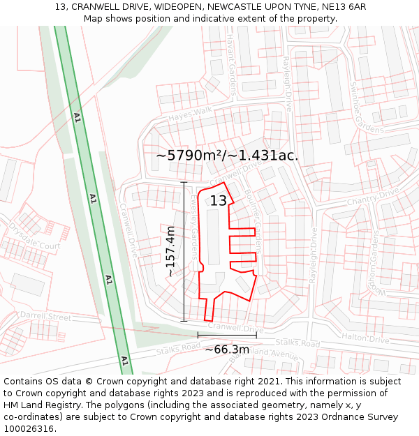 13, CRANWELL DRIVE, WIDEOPEN, NEWCASTLE UPON TYNE, NE13 6AR: Plot and title map