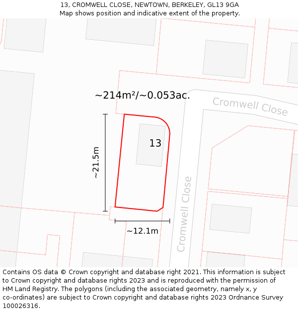 13, CROMWELL CLOSE, NEWTOWN, BERKELEY, GL13 9GA: Plot and title map