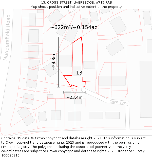 13, CROSS STREET, LIVERSEDGE, WF15 7AB: Plot and title map