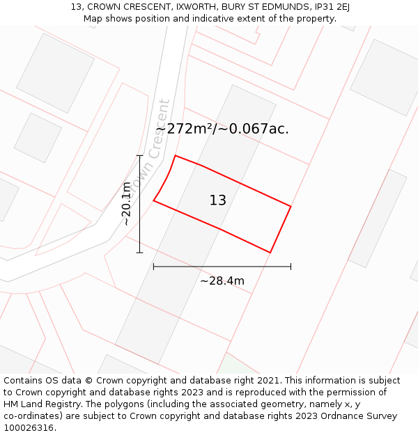 13, CROWN CRESCENT, IXWORTH, BURY ST EDMUNDS, IP31 2EJ: Plot and title map