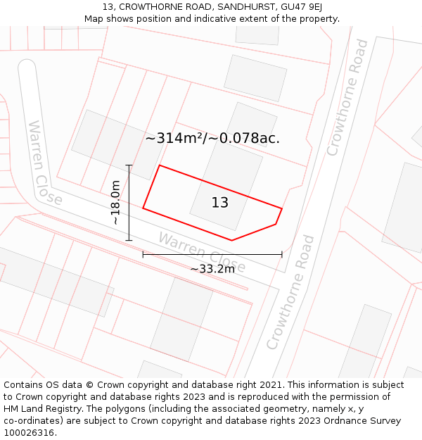 13, CROWTHORNE ROAD, SANDHURST, GU47 9EJ: Plot and title map