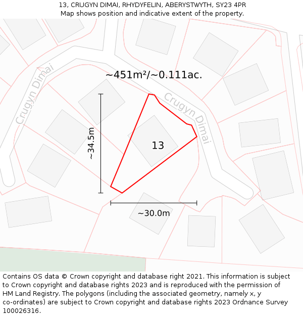 13, CRUGYN DIMAI, RHYDYFELIN, ABERYSTWYTH, SY23 4PR: Plot and title map