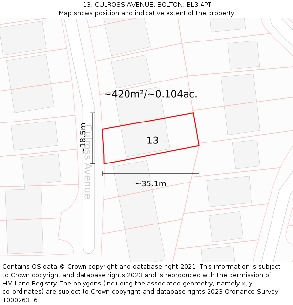 13, CULROSS AVENUE, BOLTON, BL3 4PT: Plot and title map