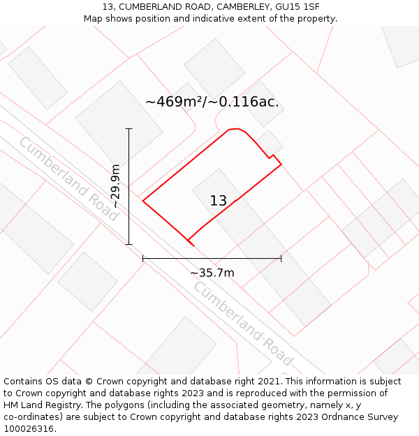 13, CUMBERLAND ROAD, CAMBERLEY, GU15 1SF: Plot and title map