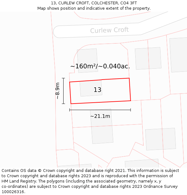 13, CURLEW CROFT, COLCHESTER, CO4 3FT: Plot and title map