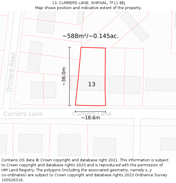 13, CURRIERS LANE, SHIFNAL, TF11 8EJ: Plot and title map