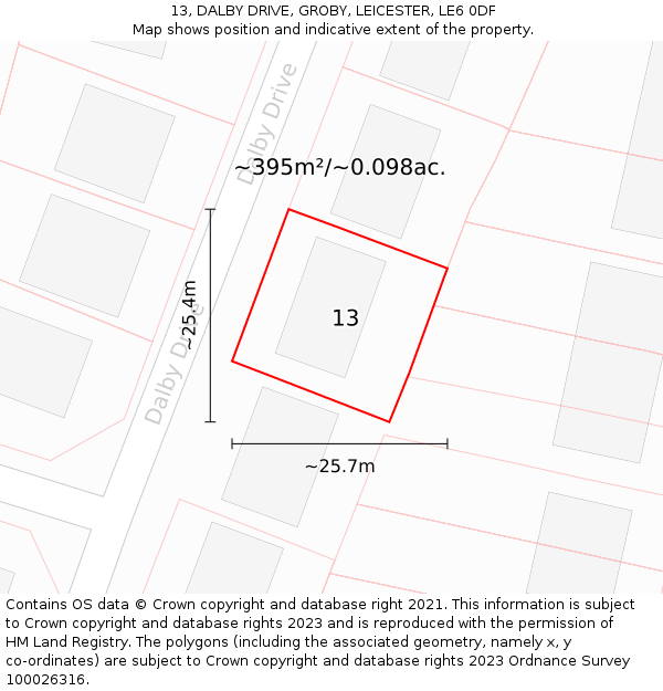 13, DALBY DRIVE, GROBY, LEICESTER, LE6 0DF: Plot and title map