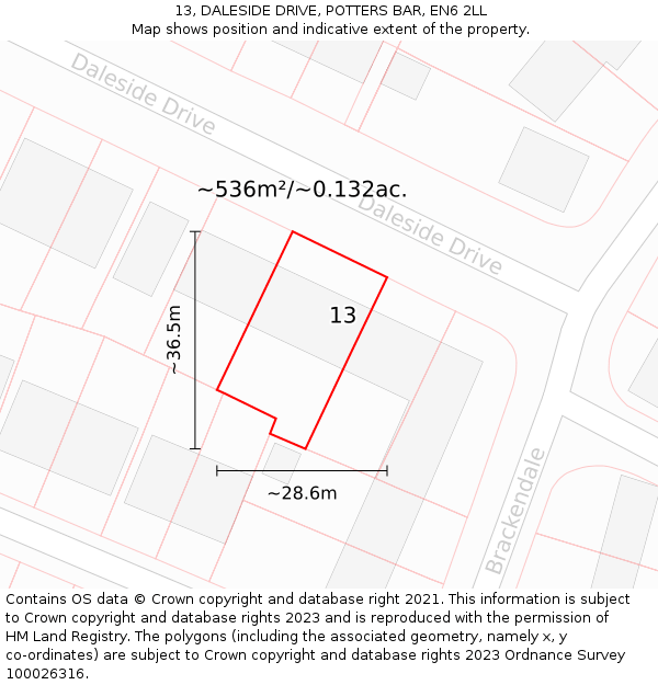 13, DALESIDE DRIVE, POTTERS BAR, EN6 2LL: Plot and title map