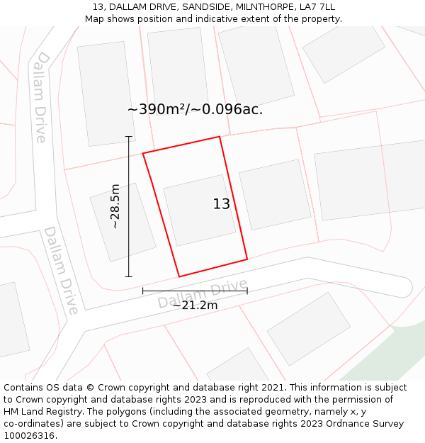 13, DALLAM DRIVE, SANDSIDE, MILNTHORPE, LA7 7LL: Plot and title map