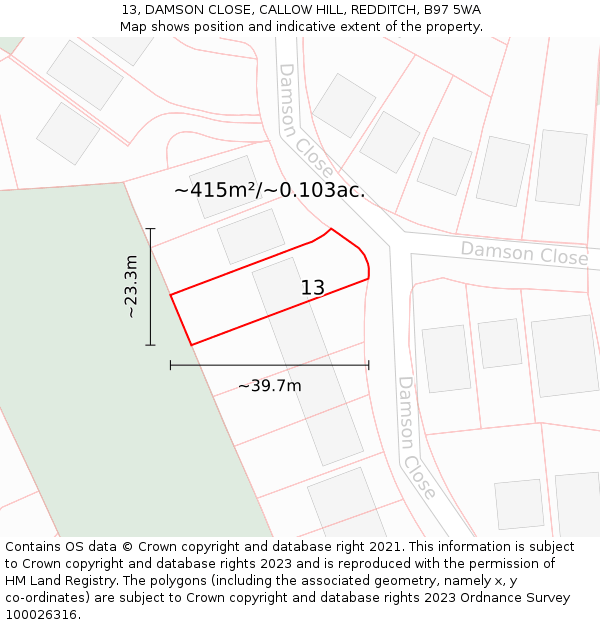 13, DAMSON CLOSE, CALLOW HILL, REDDITCH, B97 5WA: Plot and title map