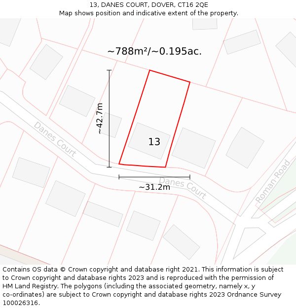 13, DANES COURT, DOVER, CT16 2QE: Plot and title map