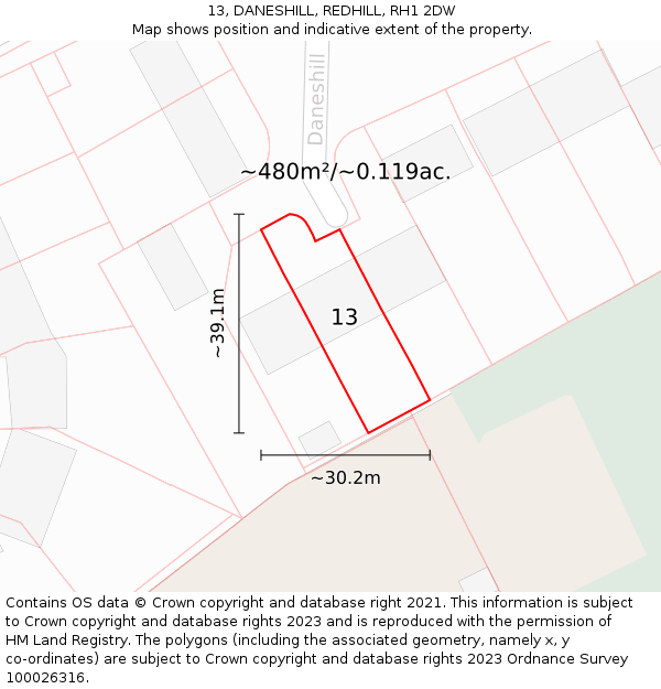 13, DANESHILL, REDHILL, RH1 2DW: Plot and title map