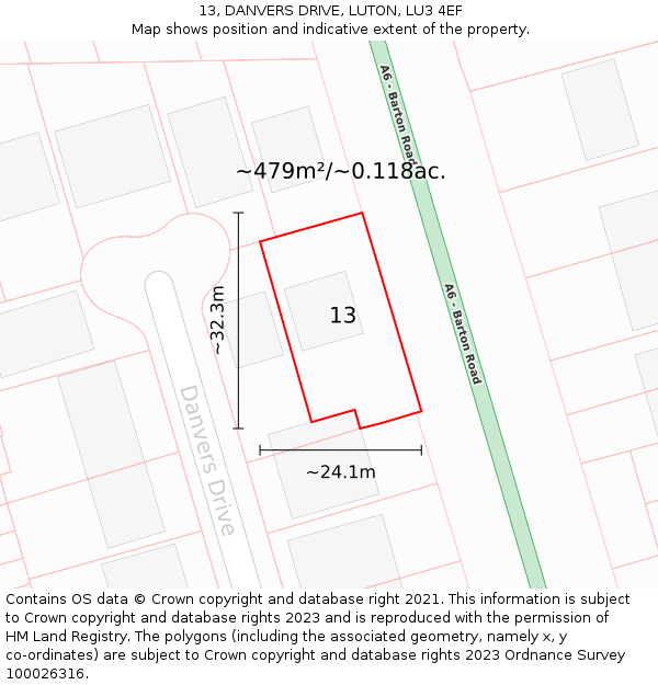 13, DANVERS DRIVE, LUTON, LU3 4EF: Plot and title map