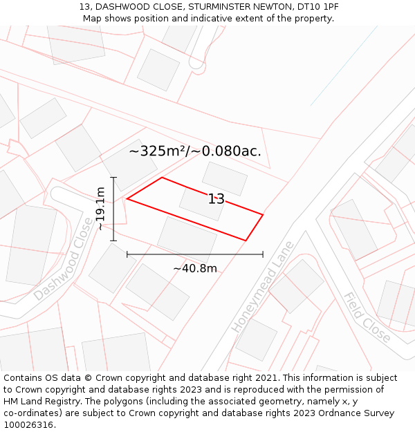 13, DASHWOOD CLOSE, STURMINSTER NEWTON, DT10 1PF: Plot and title map