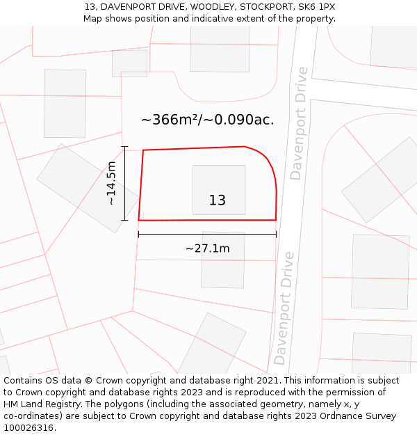 13, DAVENPORT DRIVE, WOODLEY, STOCKPORT, SK6 1PX: Plot and title map