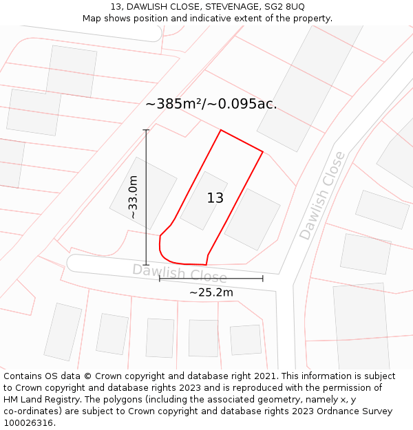 13, DAWLISH CLOSE, STEVENAGE, SG2 8UQ: Plot and title map