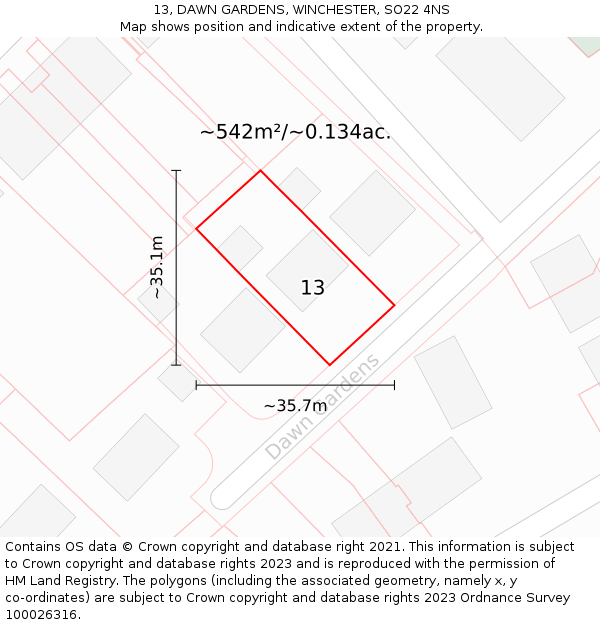 13, DAWN GARDENS, WINCHESTER, SO22 4NS: Plot and title map