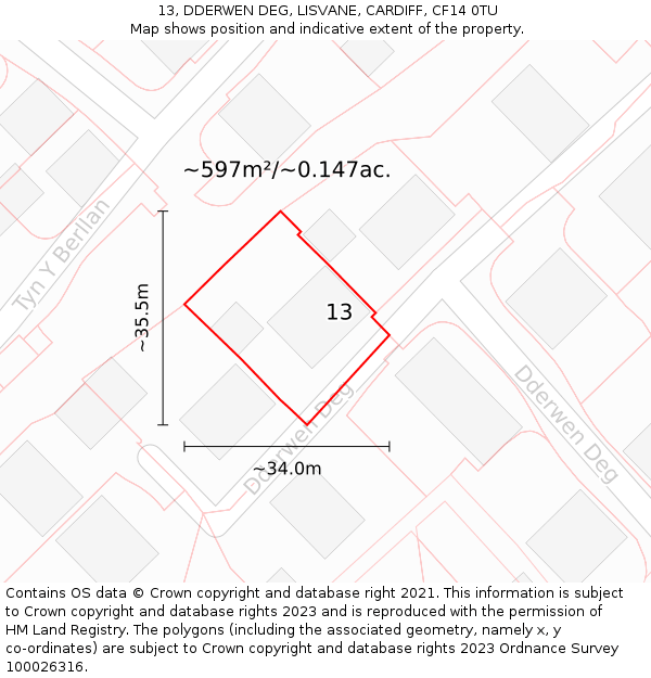 13, DDERWEN DEG, LISVANE, CARDIFF, CF14 0TU: Plot and title map