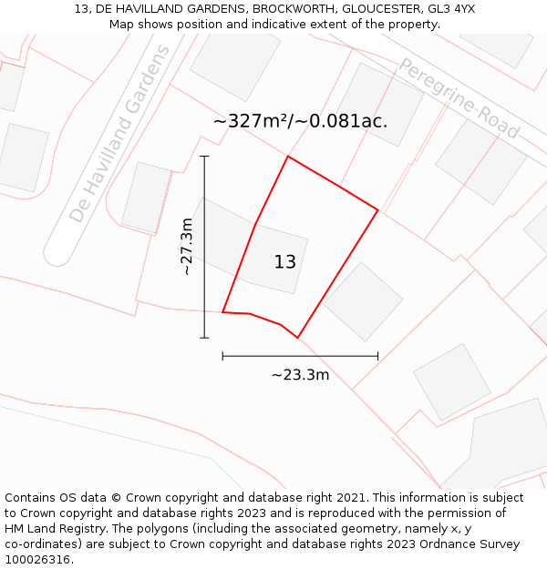 13, DE HAVILLAND GARDENS, BROCKWORTH, GLOUCESTER, GL3 4YX: Plot and title map