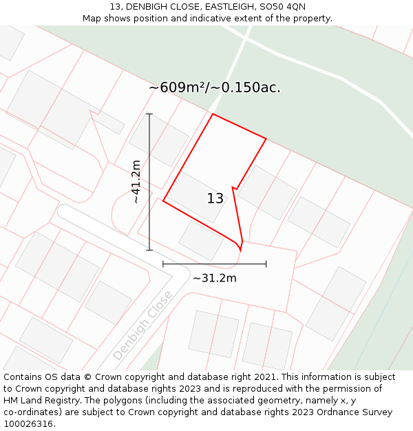 13, DENBIGH CLOSE, EASTLEIGH, SO50 4QN: Plot and title map