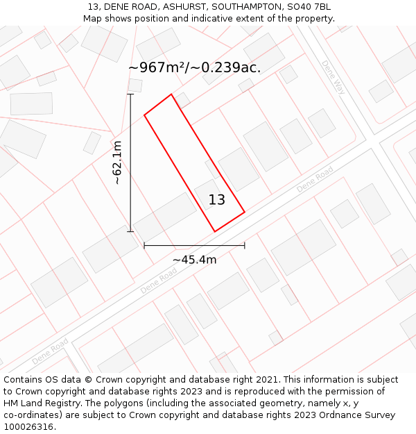 13, DENE ROAD, ASHURST, SOUTHAMPTON, SO40 7BL: Plot and title map