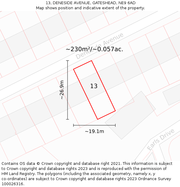 13, DENESIDE AVENUE, GATESHEAD, NE9 6AD: Plot and title map