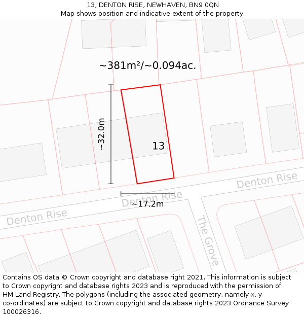 13, DENTON RISE, NEWHAVEN, BN9 0QN: Plot and title map