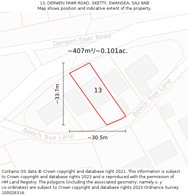 13, DERWEN FAWR ROAD, SKETTY, SWANSEA, SA2 8AB: Plot and title map