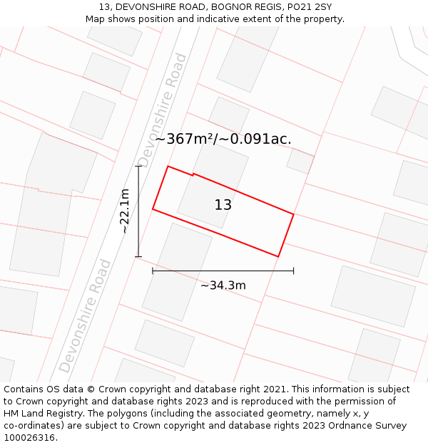 13, DEVONSHIRE ROAD, BOGNOR REGIS, PO21 2SY: Plot and title map