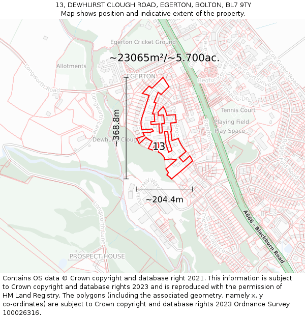 13, DEWHURST CLOUGH ROAD, EGERTON, BOLTON, BL7 9TY: Plot and title map