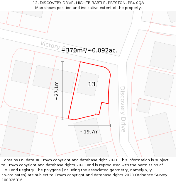 13, DISCOVERY DRIVE, HIGHER BARTLE, PRESTON, PR4 0QA: Plot and title map