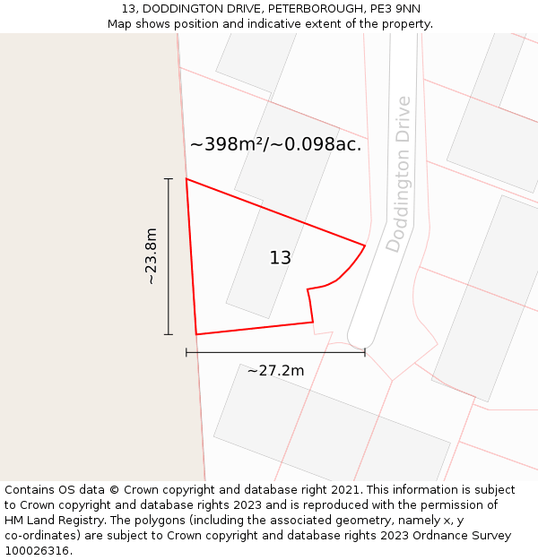 13, DODDINGTON DRIVE, PETERBOROUGH, PE3 9NN: Plot and title map