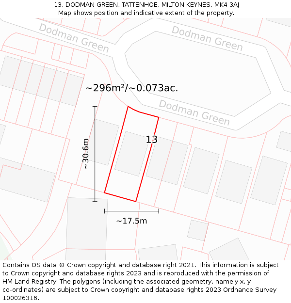 13, DODMAN GREEN, TATTENHOE, MILTON KEYNES, MK4 3AJ: Plot and title map