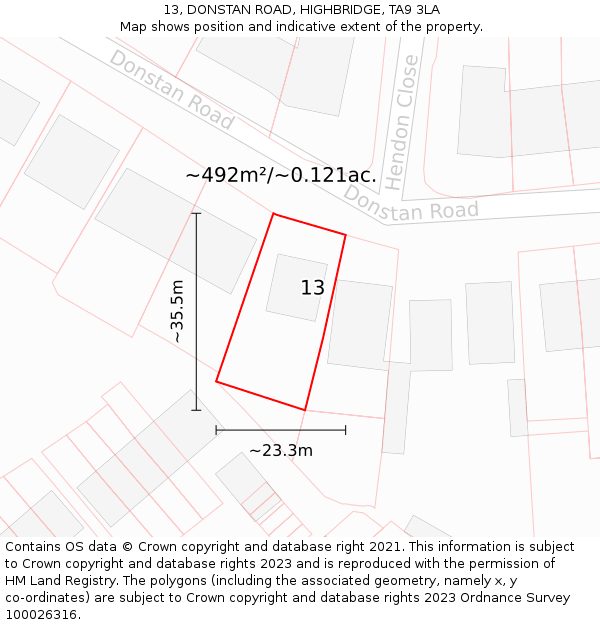 13, DONSTAN ROAD, HIGHBRIDGE, TA9 3LA: Plot and title map