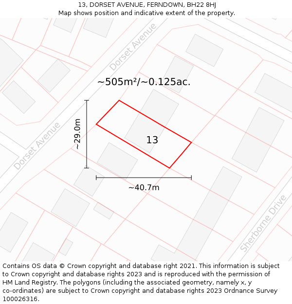 13, DORSET AVENUE, FERNDOWN, BH22 8HJ: Plot and title map