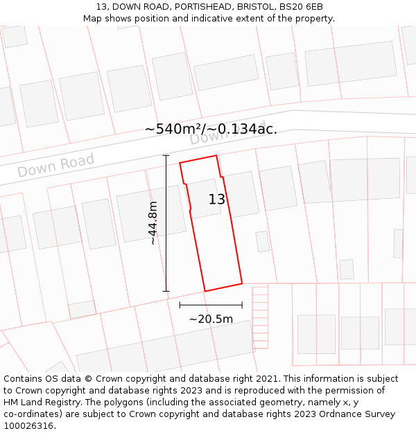 13, DOWN ROAD, PORTISHEAD, BRISTOL, BS20 6EB: Plot and title map
