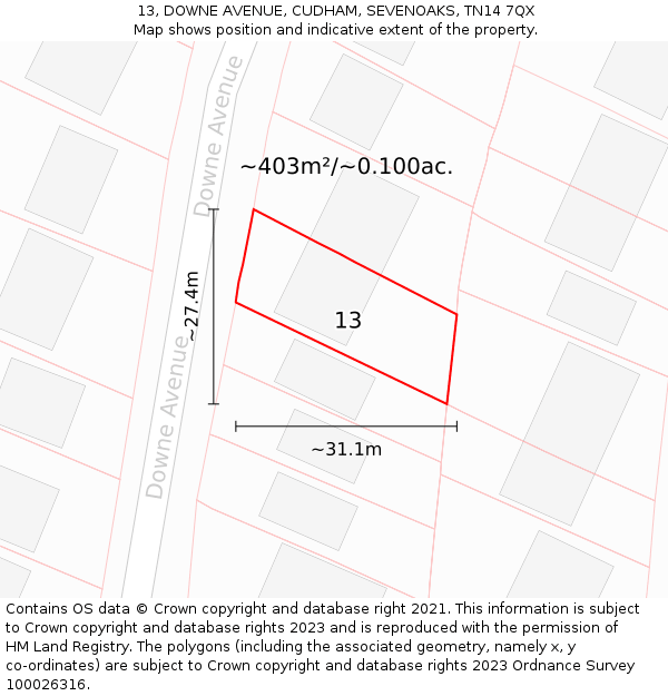 13, DOWNE AVENUE, CUDHAM, SEVENOAKS, TN14 7QX: Plot and title map