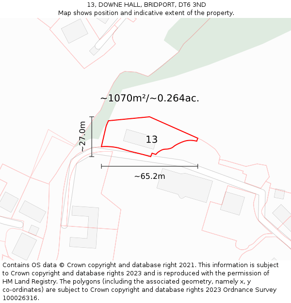 13, DOWNE HALL, BRIDPORT, DT6 3ND: Plot and title map