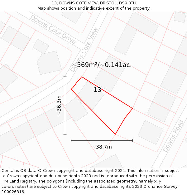 13, DOWNS COTE VIEW, BRISTOL, BS9 3TU: Plot and title map