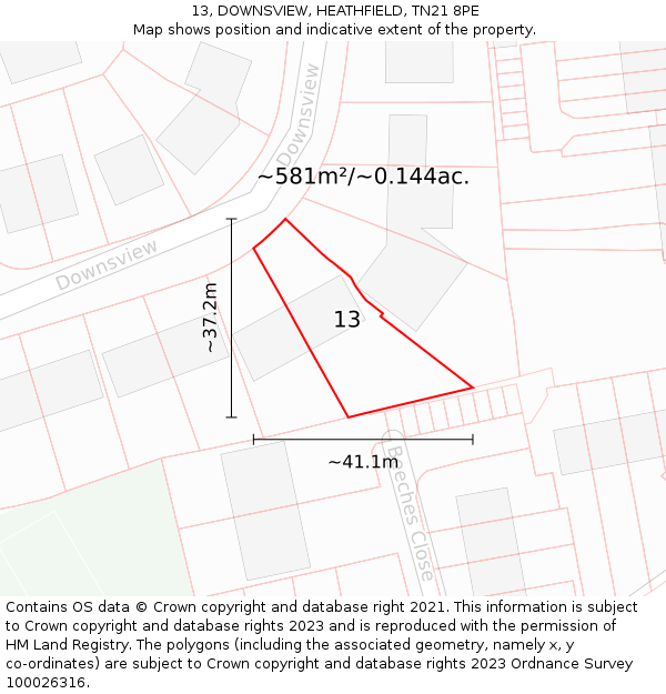 13, DOWNSVIEW, HEATHFIELD, TN21 8PE: Plot and title map