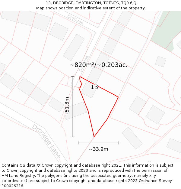 13, DRORIDGE, DARTINGTON, TOTNES, TQ9 6JQ: Plot and title map