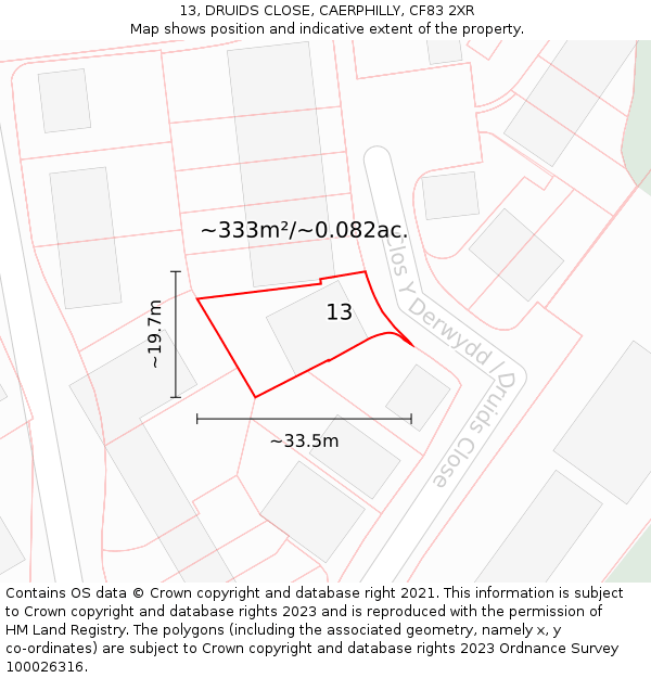 13, DRUIDS CLOSE, CAERPHILLY, CF83 2XR: Plot and title map