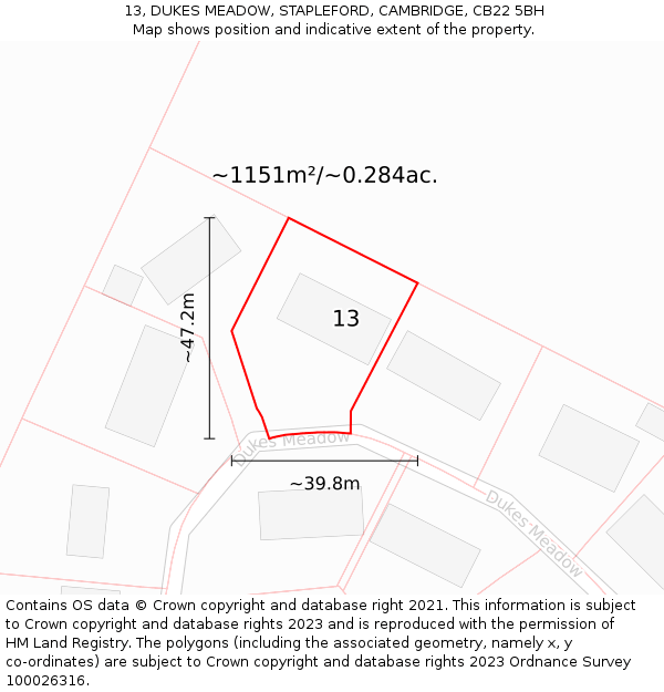 13, DUKES MEADOW, STAPLEFORD, CAMBRIDGE, CB22 5BH: Plot and title map