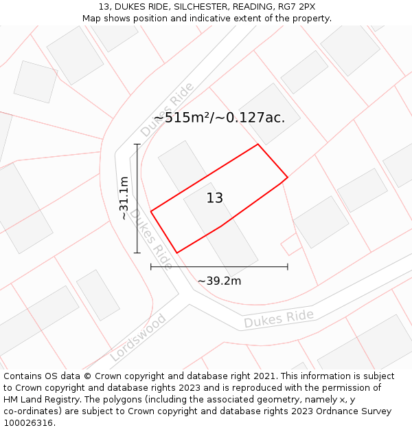 13, DUKES RIDE, SILCHESTER, READING, RG7 2PX: Plot and title map