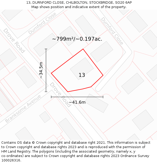 13, DURNFORD CLOSE, CHILBOLTON, STOCKBRIDGE, SO20 6AP: Plot and title map