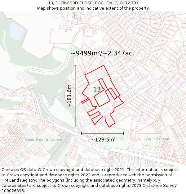 13, DURNFORD CLOSE, ROCHDALE, OL12 7RX: Plot and title map