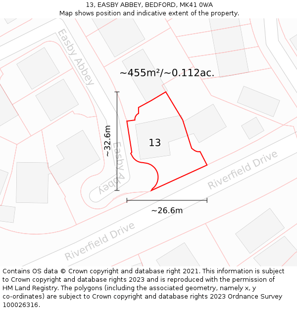 13, EASBY ABBEY, BEDFORD, MK41 0WA: Plot and title map